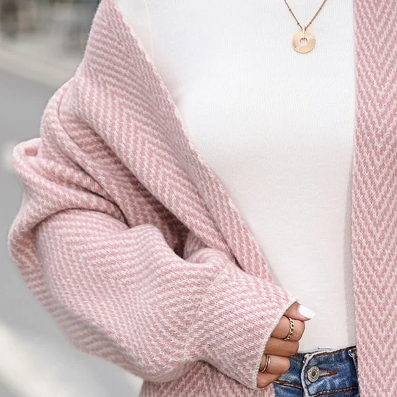 Knit Chevron Open Cardigan Bishop Sleeves Hip Length Pink & White - Picture 7 of 10